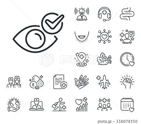 Oculist clinic sign. Online doctor, patient and medicine outline icons. Check eye line icon. Optometry vision symbol. Check eye line sign. Veins, nerves and cosmetic procedure icon. Intestine. Vector 116078350