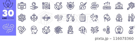 Vaccination announcement, Covid virus and Digestion line icons pack. Medical insurance, Medical cleaning, Vitamin k web icon. Recovered person, Stress, Electronic thermometer pictogram. Blood. Vector Vaccination announcement, Covid virus and Digestion line icons pack. Medical insurance, Medical cleaning, Vitamin k web icon. Recovered person, Stress, Electronic thermometer pictogram. Blood. Vector 116078360