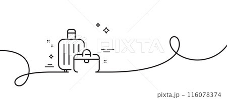 Baggage line icon. Continuous one line with curl. Travel luggage sign. Journey bag claim symbol. Baggage single outline ribbon. Loop curve pattern. Vector 116078374