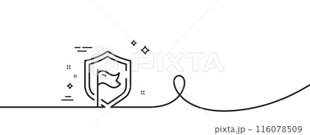 Shield line icon. Continuous one line with curl. Privacy secure sign. Safe defense symbol. Shield single outline ribbon. Loop curve pattern. Vector 116078509