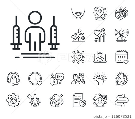 Corona vaccine syringe sign. Online doctor, patient and medicine outline icons. Coronavirus two injections line icon. Covid jab symbol. Coronavirus injections line sign. Vector 116078521