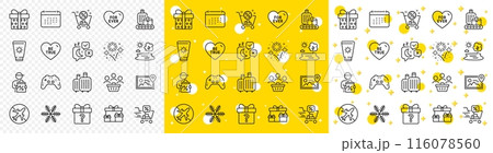 Outline Secret gift, Shopping cart and Sunscreen line icons pack for web with Be true, Fireworks, Lake line icon. Discounts cart, Sleep, Gamepad pictogram icon. Photo location, Gift box. Vector 116078560
