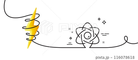 Atom core line icon. Continuous one line with curl. Nuclear power sign. Nucleus energy symbol. Atom core single outline ribbon. Loop curve with energy. Vector 116078618