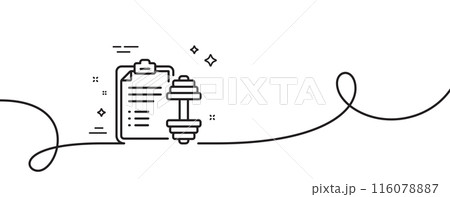Dumbbell line icon. Continuous one line with curl. Workout plan sign. Gym fit report symbol. Dumbbell single outline ribbon. Loop curve pattern. Vector 116078887