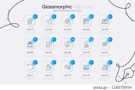 Set of Puzzle, Engineer and Wholesale inventory line icons for web app. Timer, Recovery data, Click hand icons. Teamwork, Waterproof, Buying house signs. Refresh website. Glassmorphism buttons. Vector Set of Puzzle, Engineer and Wholesale inventory line icons for web app. Timer, Recovery data, Click hand icons. Teamwork, Waterproof, Buying house signs. Refresh website. Glassmorphism buttons. Vector 116078954