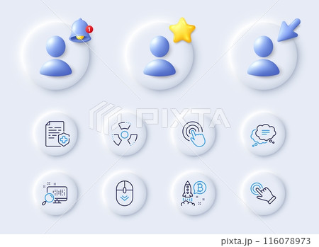 Medical certificate, Scroll down and Click line icons. Placeholder with 3d cursor, bell, star. Pack of Bitcoin project, Chemical hazard, Text message icon. Vector Medical certificate, Scroll down and Click line icons. Placeholder with 3d cursor, bell, star. Pack of Bitcoin project, Chemical hazard, Text message icon. Vector 116078973