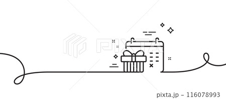 Christmas calendar line icon. Continuous one line with curl. New year presents day sign. Surprise symbol. Christmas calendar single outline ribbon. Loop curve pattern. Vector 116078993
