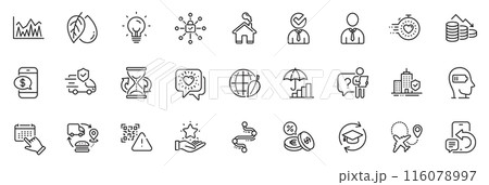 Icons pack as Security lock, Loyalty program and Transport insurance line icons for app include Timeline, Home, Friends chat outline thin icon web set. Mineral oil, Inflation. Vector 116078997