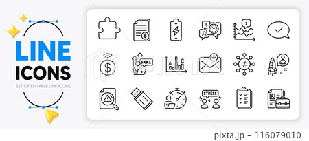 Discrimination, Fake internet and Time management line icons set for app include Startup, Timer, Approved message outline thin icon. Difficult stress, Checklist, Usb flash pictogram icon. Vector Discrimination, Fake internet and Time management line icons set for app include Startup, Timer, Approved message outline thin icon. Difficult stress, Checklist, Usb flash pictogram icon. Vector 116079010