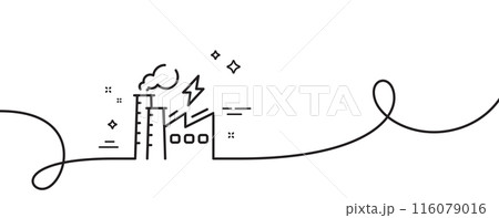 Electricity factory line icon. Continuous one line with curl. Electric energy power type sign. Lightning bolt symbol. Electricity factory single outline ribbon. Loop curve pattern. Vector Electricity factory line icon. Continuous one line with curl. Electric energy power type sign. Lightning bolt symbol. Electricity factory single outline ribbon. Loop curve pattern. Vector 116079016
