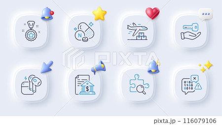 Winner reward, Headset and Buying house line icons. Buttons with 3d bell, chat speech, cursor. Pack of Vitamin n, Binary code, Search puzzle icon. Bank document, Delivery plane pictogram. Vector Winner reward, Headset and Buying house line icons. Buttons with 3d bell, chat speech, cursor. Pack of Vitamin n, Binary code, Search puzzle icon. Bank document, Delivery plane pictogram. Vector 116079106