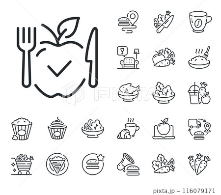 Vegan meal sign. Crepe, sweet popcorn and salad outline icons. Vegetarian food line icon. Apple fruit symbol. Vegetarian food line sign. Pasta spaghetti, fresh juice icon. Supply chain. Vector Vegan meal sign. Crepe, sweet popcorn and salad outline icons. Vegetarian food line icon. Apple fruit symbol. Vegetarian food line sign. Pasta spaghetti, fresh juice icon. Supply chain. Vector 116079171