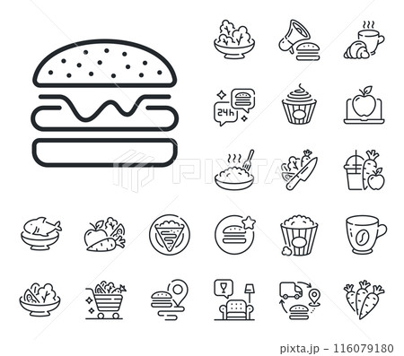 Fast food sign. Crepe, sweet popcorn and salad outline icons. Burger line icon. Hamburger sandwich symbol. Burger line sign. Pasta spaghetti, fresh juice icon. Supply chain. Vector 116079180