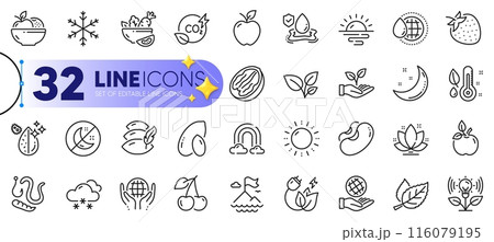 Outline set of Worms, Snow weather and Sunrise line icons for web with Green energy, Cherry, Pillow thin icon. Rainbow, Snowflake, Beans pictogram icon. Moon stars, Leaves, Pecan nut. Vector Outline set of Worms, Snow weather and Sunrise line icons for web with Green energy, Cherry, Pillow thin icon. Rainbow, Snowflake, Beans pictogram icon. Moon stars, Leaves, Pecan nut. Vector 116079195