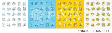 Vector icons set of Stress, Time management and Floor plan line icons pack for web with Discounts bubble, Upper arrows, Save planet outline icon. Open door, Seo marketing, Swipe up pictogram. Vector 116079241