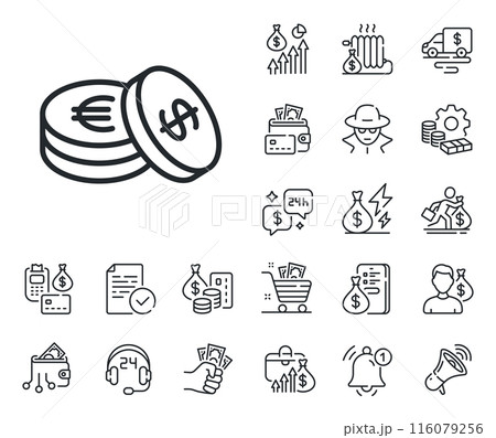 Banking currency sign. Cash money, loan and mortgage outline icons. Coins money line icon. Euro and Dollar Cash symbols. Savings line sign. Credit card, crypto wallet icon. Vector Banking currency sign. Cash money, loan and mortgage outline icons. Coins money line icon. Euro and Dollar Cash symbols. Savings line sign. Credit card, crypto wallet icon. Vector 116079256