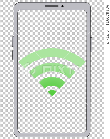Wi-Fi (green) displayed on a smartphone (silver) (transparent screen) Wi-Fi (green) displayed on a smartphone (silver) (transparent screen) 116079336