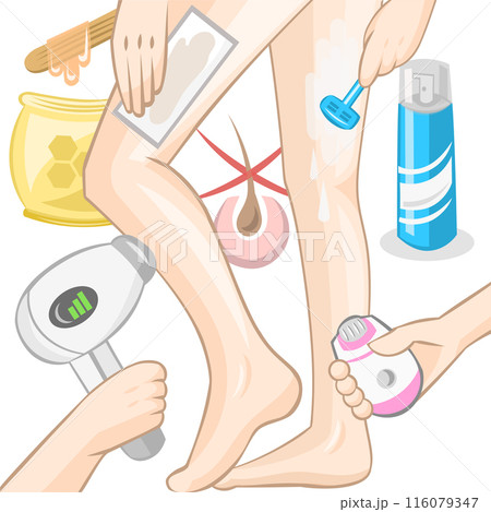 Different ways of hair removal wax, laser, razor blade, epilator 116079347