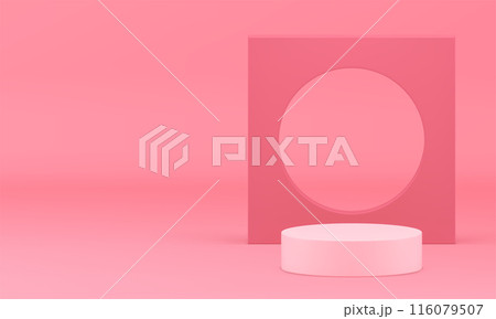 Trendy 3d pink stage podium with circle hole squared frame realistic vector illustration Trendy 3d pink stage podium with circle hole squared frame realistic vector illustration 116079507