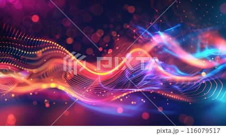 displays a vivid abstract background featuring flowing, neon-colored waves of pink, purple, and blue, set against a dark backdrop. The swirling lines create a sense of movement and energy 116079517