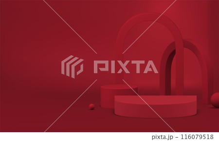 3d red showcase podium with arch wall background for show realistic vector illustration 3d red showcase podium with arch wall background for show realistic vector illustration 116079518