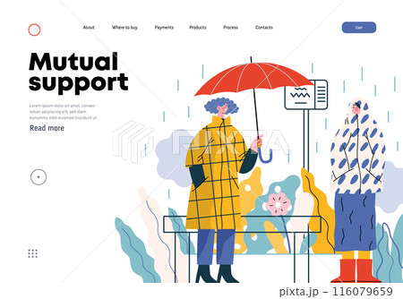 Mutual Support: Offer an umbrella to a stranger -modern flat vector concept illustration of a at a bus stop in the rain offering an umbrella A metaphor of voluntary, collaborative exchanges Mutual Support: Offer an umbrella to a stranger -modern flat vector concept illustration of a at a bus stop in the rain offering an umbrella A metaphor of voluntary, collaborative exchanges 116079659