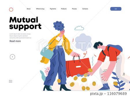 Mutual Support: Pick up fallen item -modern flat vector concept illustration of man collecting fruits that fell from woman's bag A metaphor of voluntary, collaborative exchanges of resource, services Mutual Support: Pick up fallen item -modern flat vector concept illustration of man collecting fruits that fell from woman's bag A metaphor of voluntary, collaborative exchanges of resource, services 116079689