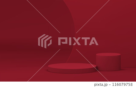 3d podium red cylinder showroom curved wall display for product presentation realistic vector 116079758