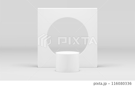 Pedestal geometric 3d stage white cylinder foundation wall round hole realistic vector illustration Pedestal geometric 3d stage white cylinder foundation wall round hole realistic vector illustration 116080336