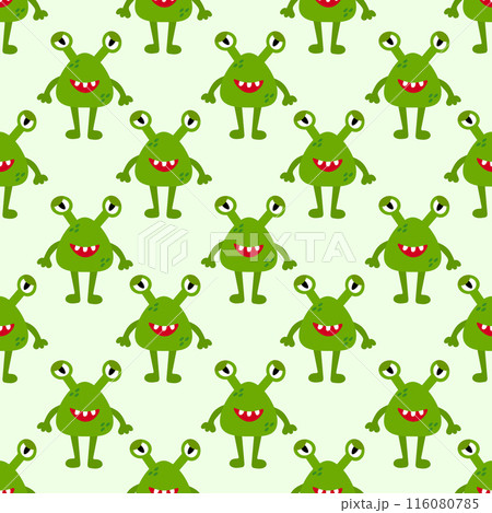 Cute green alien or monster seamless pattern. Kids design. Vector flat illustration. 116080785