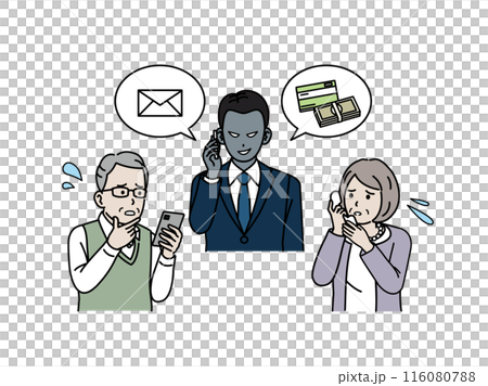 振り込め詐欺やオレオレ詐欺、フィッシングメールに騙される高齢者のイラスト 振り込め詐欺やオレオレ詐欺、フィッシングメールに騙される高齢者のイラスト 116080788