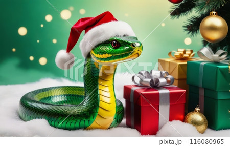 Happy Chinese New Year 2025. Green snake in a Santa Claus, gifts. Symbol of Chinese Lunar Year of Snake 116080965