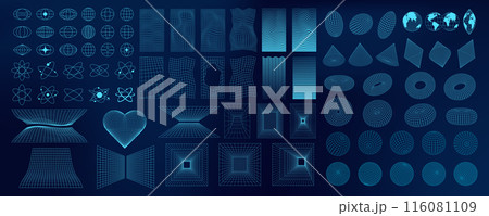 Abstract 3D wireframe shapes, mesh grids, and geometric forms. Neon blue Y2K designs with futuristic and psychedelic patterns. Tech and cyberpunk elements in a surreal digital art. 116081109