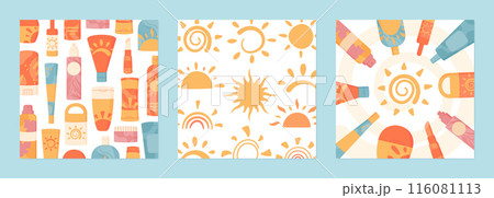 Cartoon sun shape and sunscreen background set, banner with uv factor protection cream pack and sunblock oil product, creative social media template with hand drawn sun shapes for summer posts Cartoon sun shape and sunscreen background set, banner with uv factor protection cream pack and sunblock oil product, creative social media template with hand drawn sun shapes for summer posts 116081113