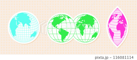 Set of digital stickers of globe wireframes. 3D abstract shapes with a Y2K aesthetic. Vibrant mesh patterns in green, pink, and cyan color. Ideal for tech and cyber design elements. 116081114
