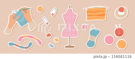 Hands crocheting with a thread sticker set surrounded by sewing supplies. Mannequin, buttons, yarn, and knitting needles for embroidery craft. Cute illustration of tailor tools for sewing projects. Hands crocheting with a thread sticker set surrounded by sewing supplies. Mannequin, buttons, yarn, and knitting needles for embroidery craft. Cute illustration of tailor tools for sewing projects. 116081116