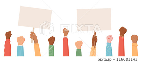 People hold a solidarity fist gesture, a character is holding a support sign, a woman holds a revolution symbol, a rights activist shows up with a protest arm, and a person raises a strength fist. 116081143