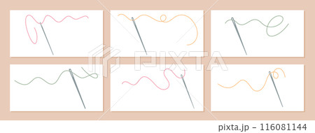 Thread and needle composition set with needles threaded with colorful threads. This collection showcases the essentials of sewing, with tailor needles, thread, and sewing crafts. Thread and needle composition set with needles threaded with colorful threads. This collection showcases the essentials of sewing, with tailor needles, thread, and sewing crafts. 116081144