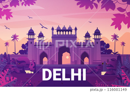 Delhi landmark at sunset with palm trees birds and vibrant foliage Delhi landmark at sunset with palm trees birds and vibrant foliage 116081149