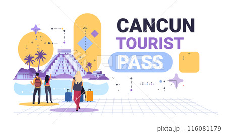 Tourists exploring ancient pyramid tropical landscape modern abstract design colorful elements travel theme 116081179