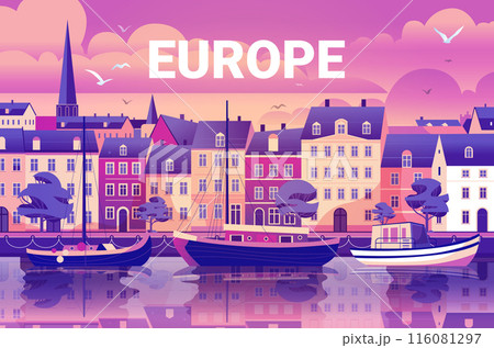 European cityscape with colorful buildings boats on water trees and birds in the sky at sunset 116081297