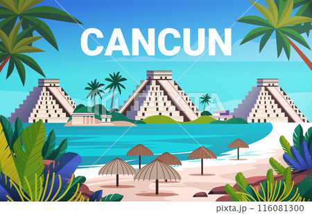 Cancun beach scene with Mayan pyramids palm trees tropical plants and ocean Cancun beach scene with Mayan pyramids palm trees tropical plants and ocean 116081300