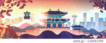 Traditional Korean architecture cityscape sunset skyline modern buildings colorful leaves Traditional Korean architecture cityscape sunset skyline modern buildings colorful leaves 116081340
