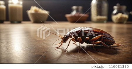 Conceptual close-up of a cockroach that invades polluted rooms, transmits pathogens and multiplies very quickly 116081350