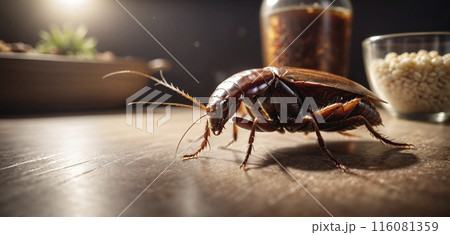 Conceptual close-up of a cockroach that invades polluted rooms, transmits pathogens and multiplies very quickly 116081359