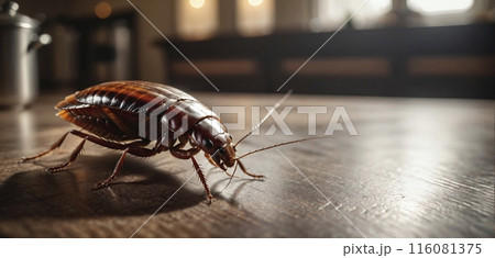 Conceptual close-up of a cockroach that invades polluted rooms, transmits pathogens and multiplies very quickly 116081375