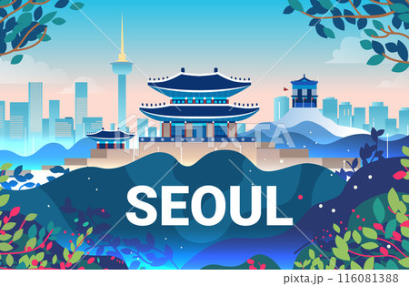 Seoul cityscape traditional Korean architecture modern skyline colorful foliage vibrant landscape travel destination tourism design element 116081388
