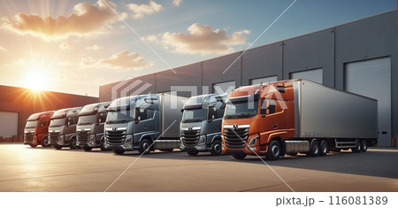 Conceptual representation of a truck that stands in front of a warehouse and distribution center and delivers and picks up goods 116081389