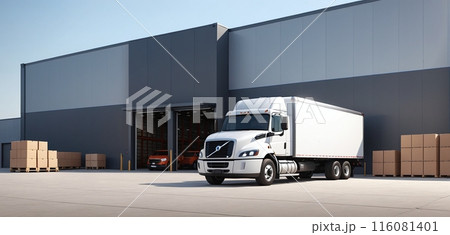 Conceptual representation of a truck that stands in front of a warehouse and distribution center and delivers and picks up goods 116081401
