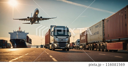 Conceptual presentation of different types of global goods traffic, types of global transportation 116081569